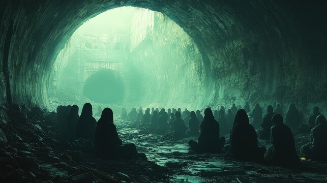 Mysterious figures meditate in a dimly lit cave, awaiting an unknown event.