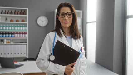 Woman doctor with stethoscope and clipboard stands confidently in clinic office, surrounded by medical supplies and gray interior, exuding professionalism and care.