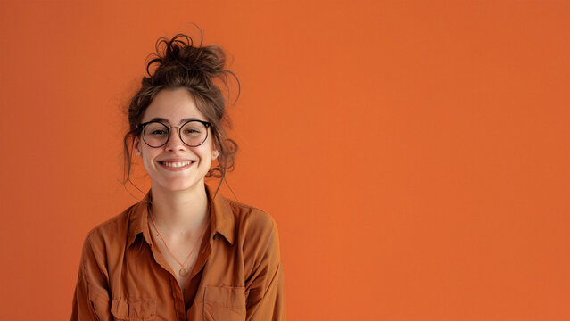 Young smiling woman empty orange background copy space
