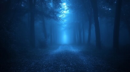 Naklejka premium Mystical blue-lit forest path shrouded in fog at night.