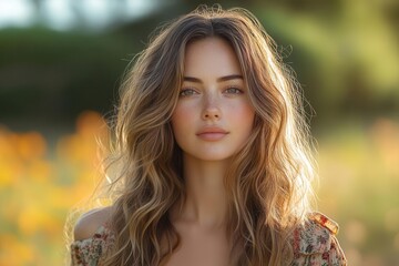 Fototapeta premium serene young woman with flowing hair in golden sunset field enjoying peaceful moment with natural beauty and warm evening light