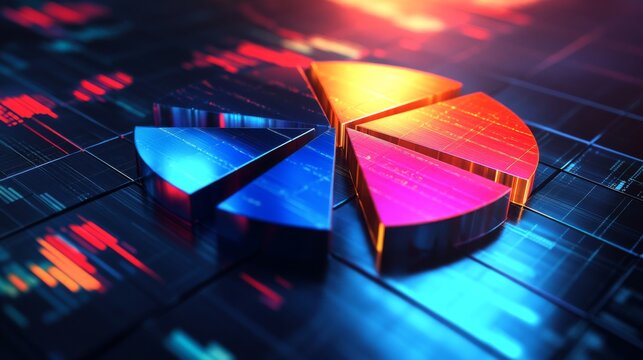 A sophisticated D pie chart with segmented pieces reflecting light, showcasing comparative financial data in a visually striking and informative format.