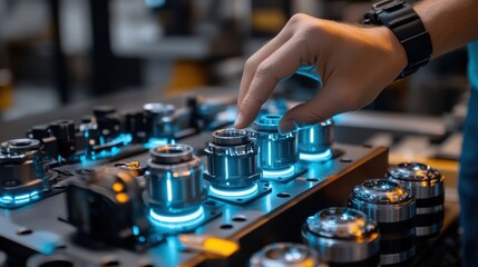 Obraz premium Hovering over precision components on a futuristic, illuminated panel, an engineer conducts a quality check in a technologically advanced manufacturing facility