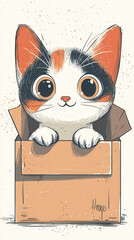 A playful illustration of a cat sitting inside a box, with large, curious eyes and exaggerated whiskers, drawn in a whimsical, child-friendly style