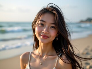 Beautiful Woman Smiling at Beach Summer Ocean Sunset