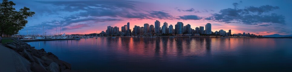 Obraz premium Cityscape at Dusk: A panoramic view of a modern city skyline, bathed in the warm hues of a fading sunset. The water's reflection creates a mesmerizing mirror image.