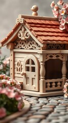 An adorable intricately crafted vintage wooden dog house.