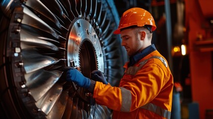Professional aircraft mechanic wearing an orange jumpsuit and a hardhat is working on a large jet engine in a factory, performing maintenance or repairs