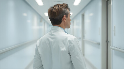 A doctor wearing a clean white coat with neatly styled hair standing confidently in a modern hospital corridor