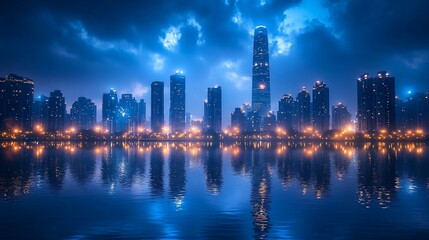Night cityscape reflected in calm water, skyscrapers illuminated.