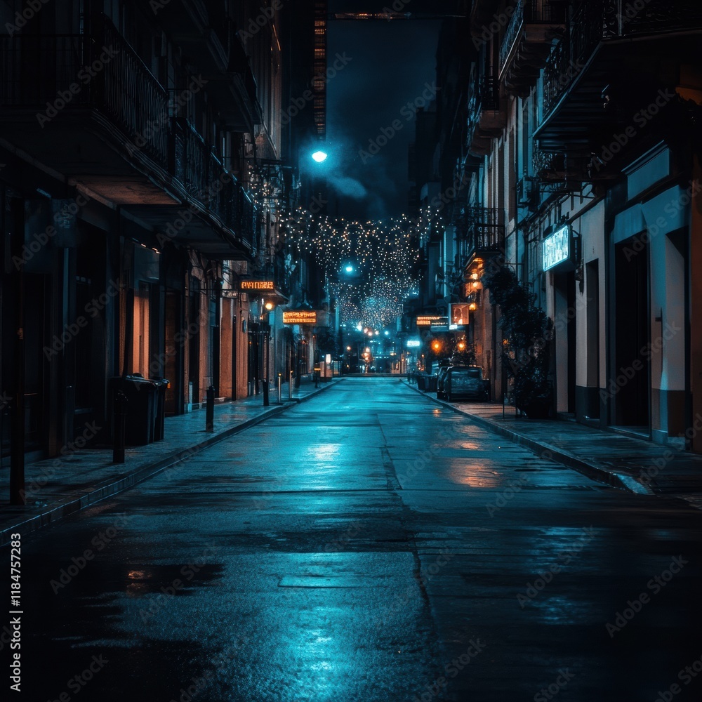 Leinwandbilder empty urban street illuminated by soft light with a symbolic virus motif at midnight. generative ai