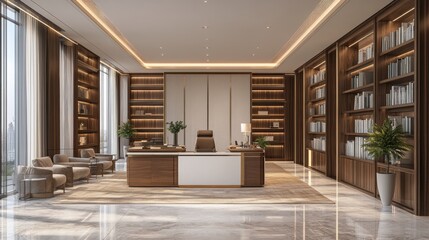 Modern Luxurious Office Interior with Elegant Furniture and Shelves