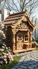 An adorable intricately crafted vintage wooden dog house.