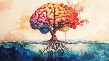 Mindful Tree of Knowledge: A Watercolor Depiction of the Human Brain as a Majestic Tree Rooted in the Depths of Consciousness