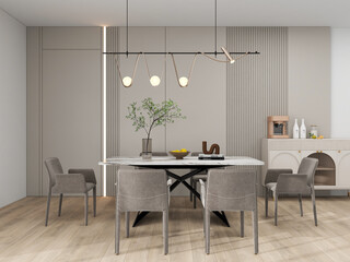 Dining room design mockup, A modern dining room with minimalist decor featuring a marble table, gray upholstered chairs and sideboard. 3d rendering, decor idea.