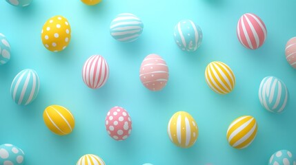Obraz premium Colorful Easter Eggs on Bright Blue Backdrop for Festive Celebration