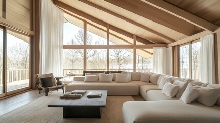 Fototapeta premium Light-filled living room, sectional sofa, wooden beams, natural light.