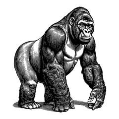 Obraz premium Standing Gorilla Full Body Front View Detailed Black and White Outline Line Art Drawing