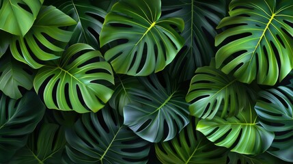Lush Green Tropical Leaves Background with Monstera Patterns