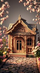 An adorable intricately crafted vintage wooden dog house.