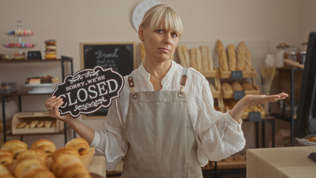 Mature woman holding closed sign in bakery shop interior with bread and pastries in background - Powered by Adobe