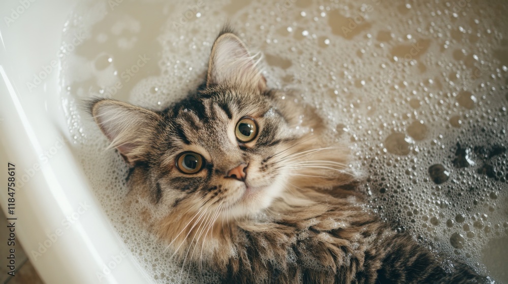 Poster a top-down view of a cat lying comfortably in a bathtub, with bubbles forming around it, emphasizing