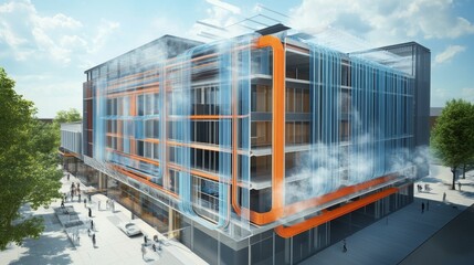 Modern building; exposed pipes; city scene; vapor; transparent walls.