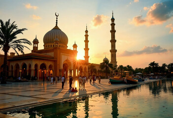 Naklejka premium Mosque Architecture at Sunset With Minaret and Dome