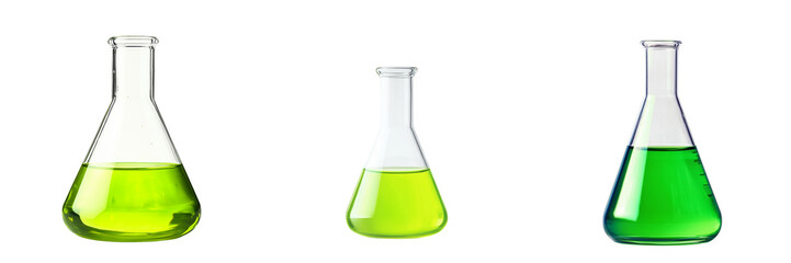 Set  of leaves with droplets of extract in a clear conical flask on a white background on transparent png background