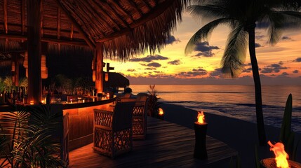 Fototapeta premium Tropical beach bar at sunset with tiki torches and ocean views 