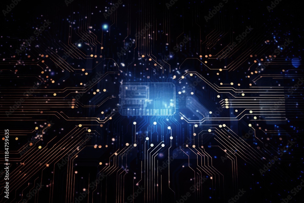 Poster a subtle galaxy backdrop enhances a futuristic tech circuit, showcasing intricate patterns of light 