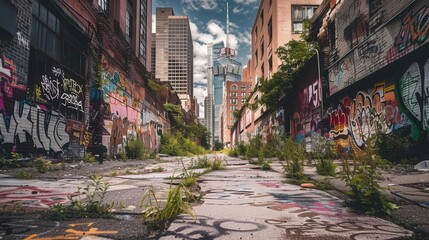 Fototapeta premium Urban decay with vibrant graffiti and overgrown plants, showcasing a blend of nature and city life.