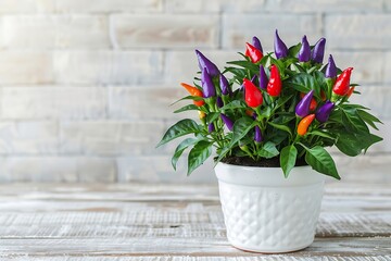 Colorful chili peppers in a pot on a white wooden background.