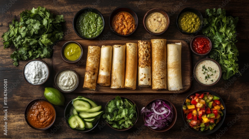 Poster a top-down view of a festive table set with dosas, chutneys, and fresh vegetables, creating a colorf