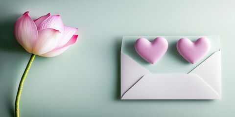 Wedding party reception invitation stationary, pink white lotus flower, pale green background, valentine romantic love letter, engagement, invite, anniversary celebration, two hearts, white envelope.
