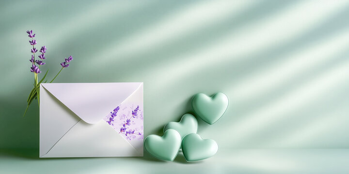 Wedding party reception invitation stationary, lavender flower sprig, pale green background, valentine romantic love letter, engagement, invite, anniversary celebration, four hearts, white envelope.
