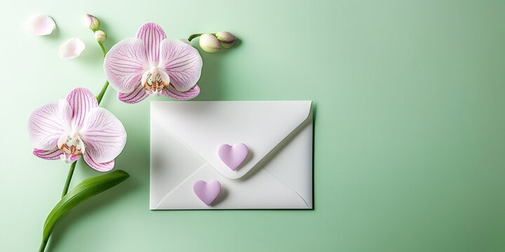 Wedding party reception invitation stationary, pink white orchid, pale green background, valentine romantic love letter, engagement, invite, anniversary celebration, two hearts, white envelope