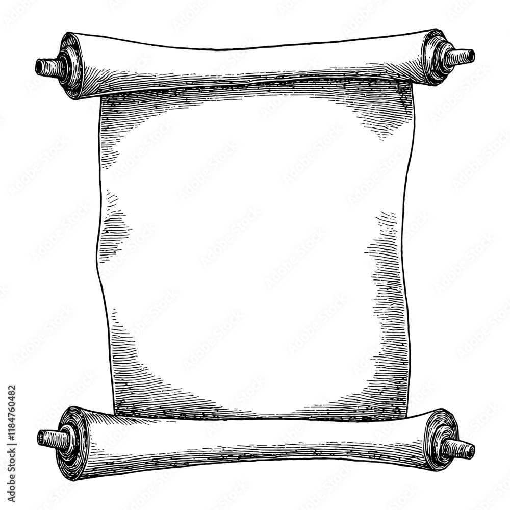 Wall mural old scroll with detailed texture in black and white outline line art drawing isolated