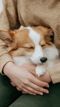 Cuddly dog enjoying loving care at home pet cozy indoor environment heartwarming moments