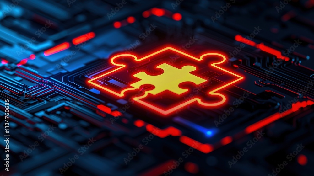 Aufkleber a glowing puzzle piece icon on a digital circuit background, symbolizing technology, problem-solving