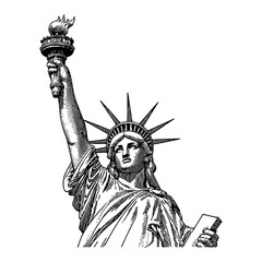 Obraz premium Statue of Liberty Detailed Black and White Outline Line Art Drawing of Famous Landmark Sculpture