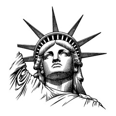 Statue of Liberty Close Up View with Detailed Black and White Outline Line Art Drawing