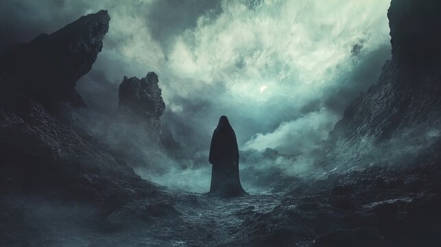 A solitary figure draped in a dark cloak stands amidst rugged rock formations, enveloped in thick mist. The environment is surreal and atmospheric, featuring ominous clouds swirling above, casting eer