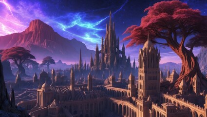 Fototapeta premium Illustration medieval city on an alien planet