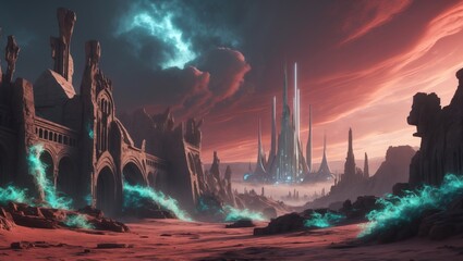 Fototapeta premium Illustration medieval city on an alien planet
