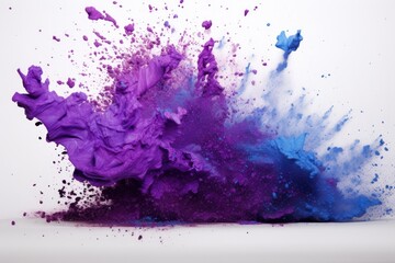 Fototapeta premium Explosion of vibrant purple and blue glitter creates a dazzling display against a plain white background, showcasing an artistic burst of color that captivates the viewer's attention