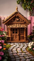 An adorable intricately crafted vintage wooden dog house.