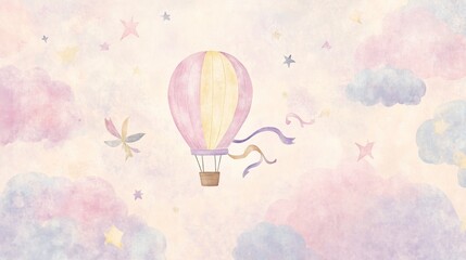 Pastel Dreamy Sky with Hot Air Balloon Watercolor Art Print