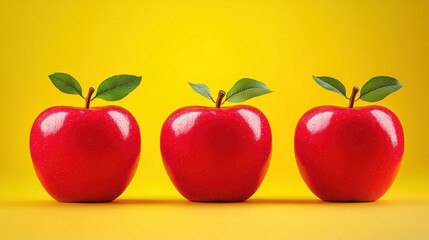 Three Glossy Red Apples on Bright Yellow Background