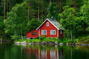 Beautiful autumn landscape with red house on the shore of the lake